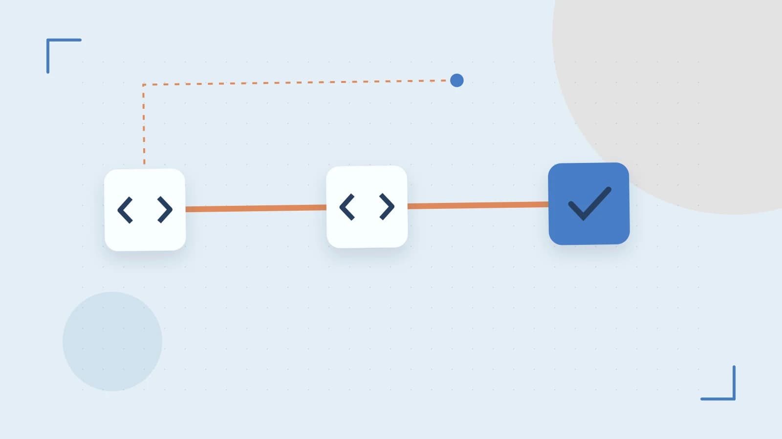 Editorial illustration of a branching build pipeline, staged transformations and a completed check