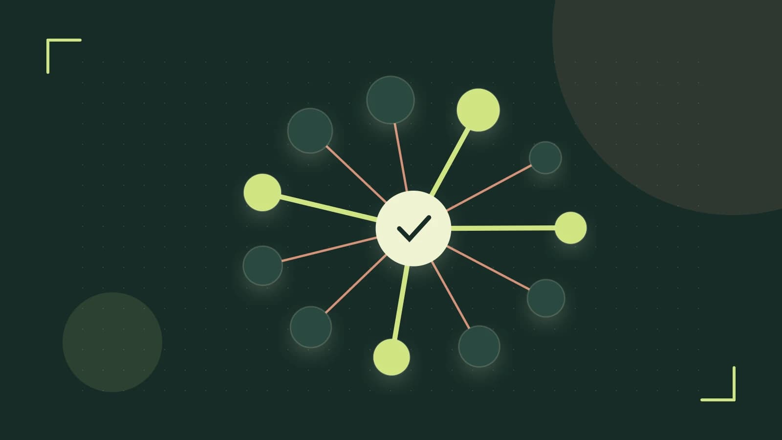 Editorial illustration of an algorithmic node graph with branching paths and a highlighted result