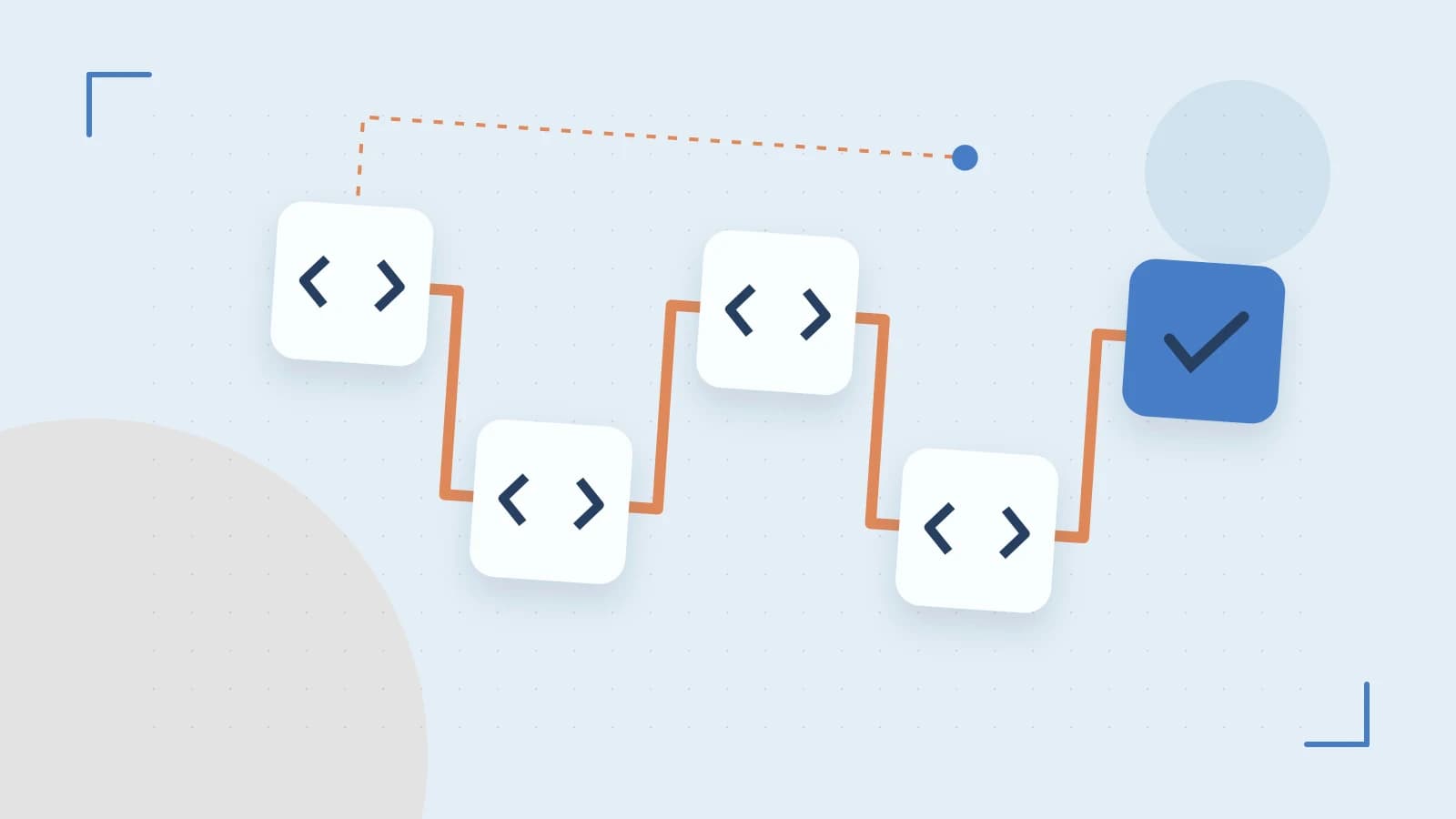 Editorial illustration of a branching build pipeline, staged transformations and a completed check