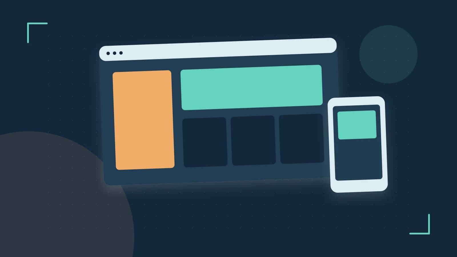Editorial illustration of responsive browser layouts, overlapping design components and a color system