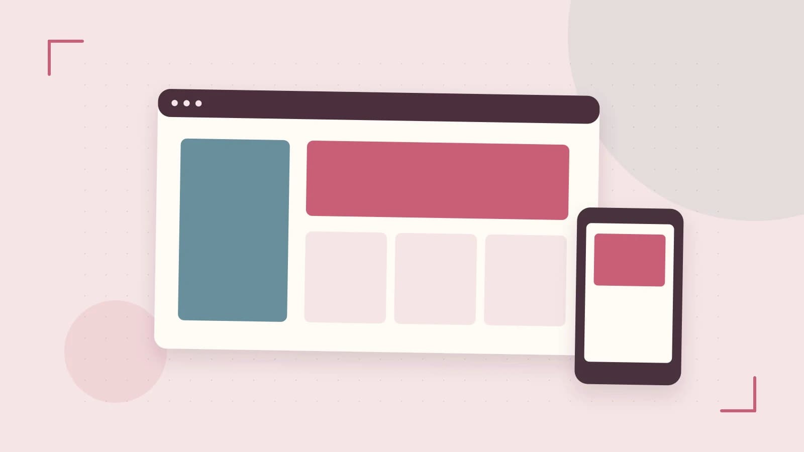 Editorial illustration of responsive browser layouts, overlapping design components and a color system