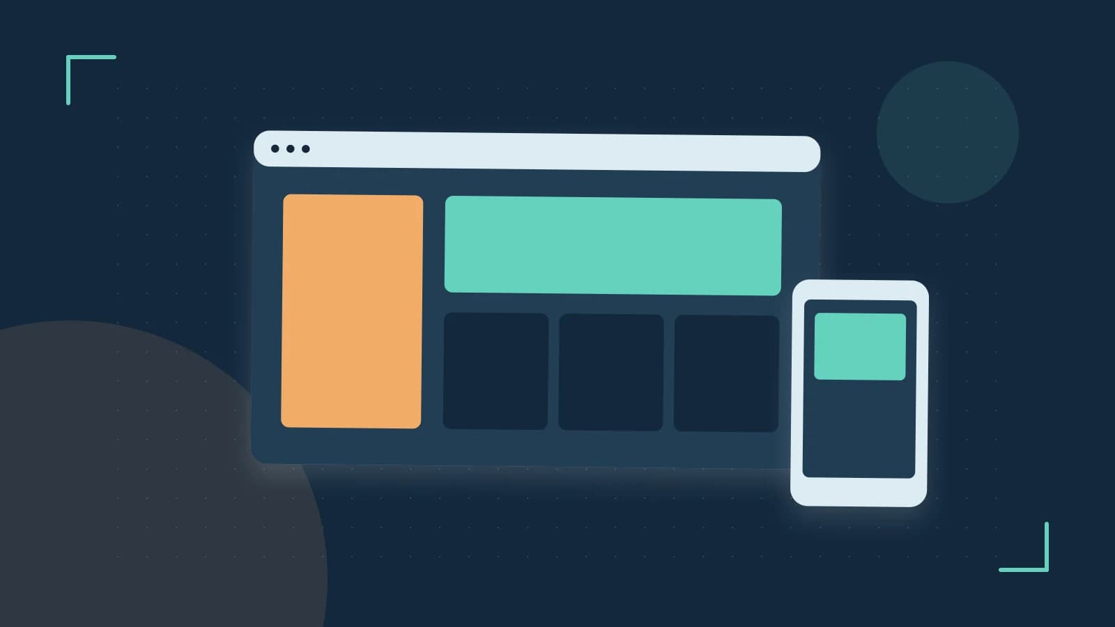 Editorial illustration of responsive browser layouts, overlapping design components and a color system