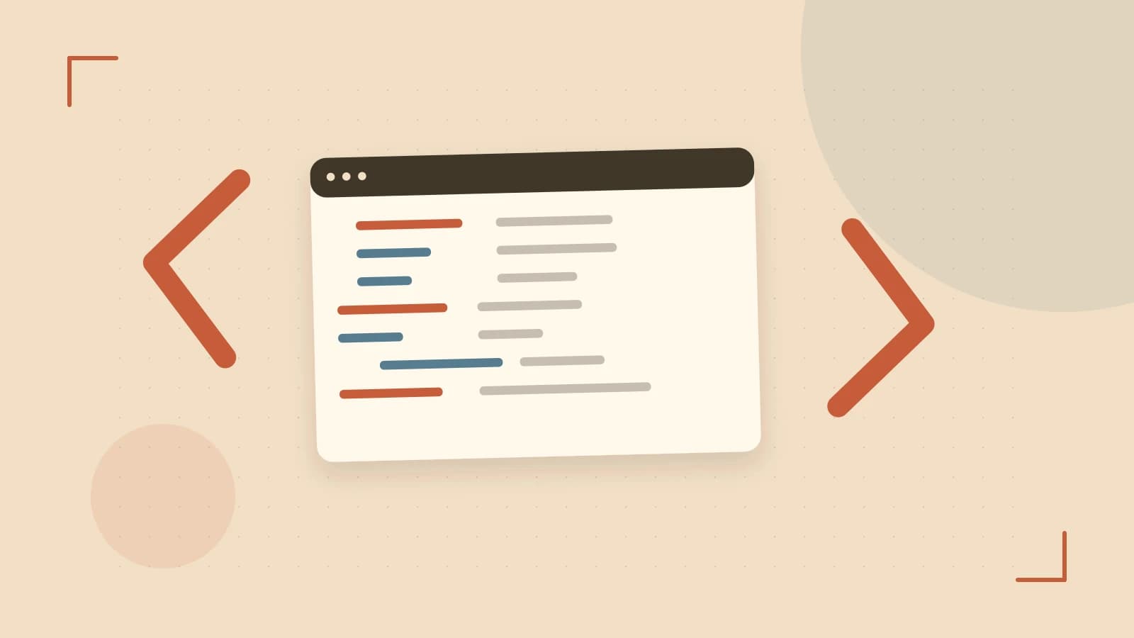 Editorial illustration of an abstract code editor, syntax blocks and oversized programming brackets