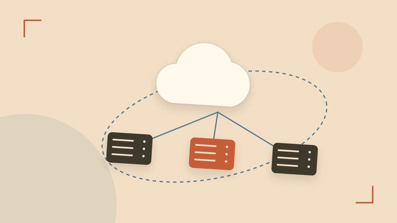 Editorial illustration of cloud infrastructure, connected server racks and an orbital service map