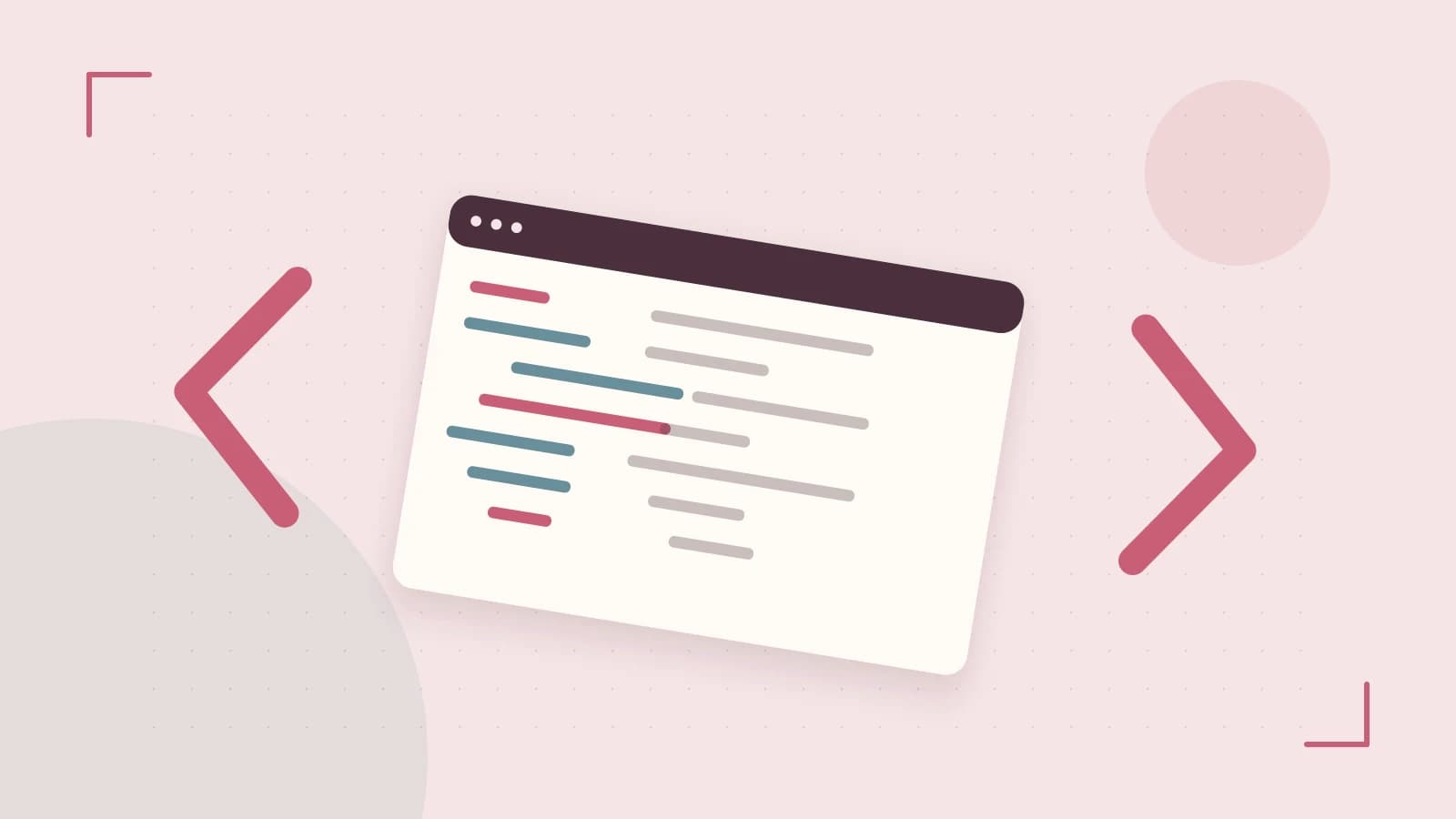 Editorial illustration of an abstract code editor, syntax blocks and oversized programming brackets