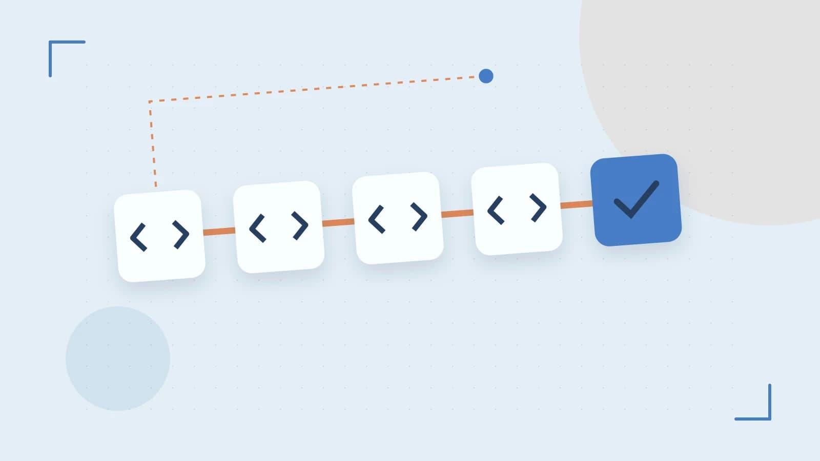 Editorial illustration of a branching build pipeline, staged transformations and a completed check