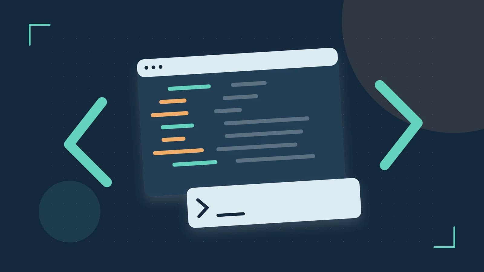Editorial illustration of an abstract code editor, syntax blocks and oversized programming brackets