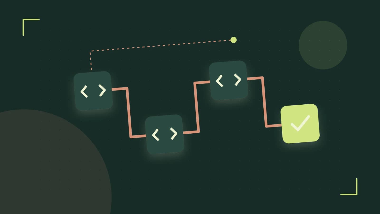 Editorial illustration of a branching build pipeline, staged transformations and a completed check