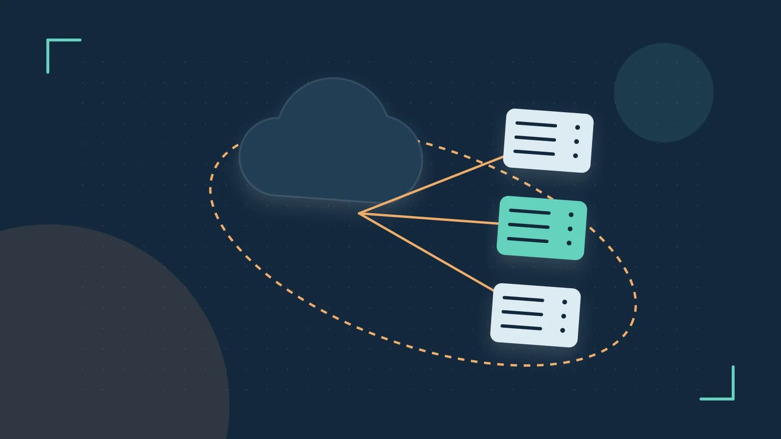 Editorial illustration of cloud infrastructure, connected server racks and an orbital service map