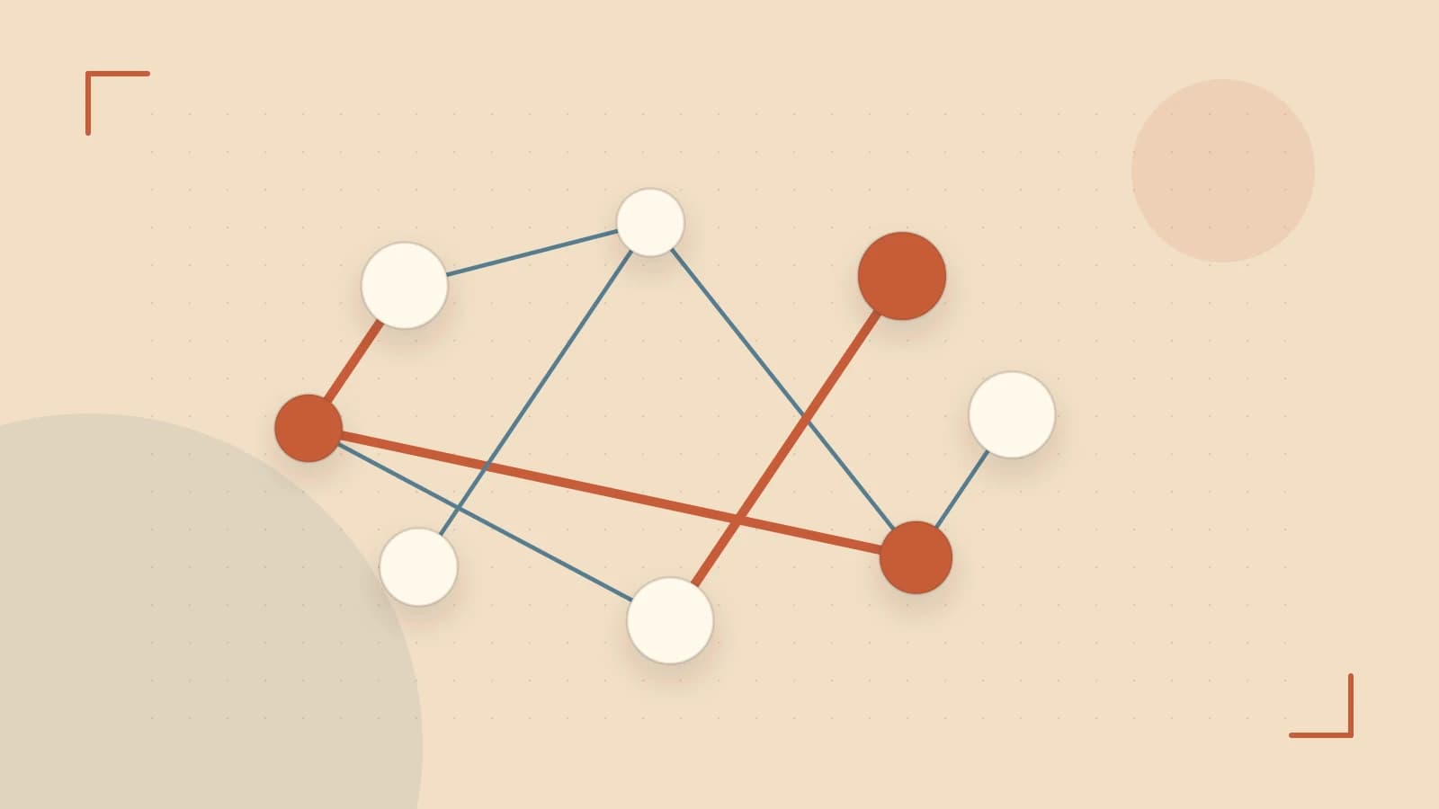 Editorial illustration of an algorithmic node graph with branching paths and a highlighted result