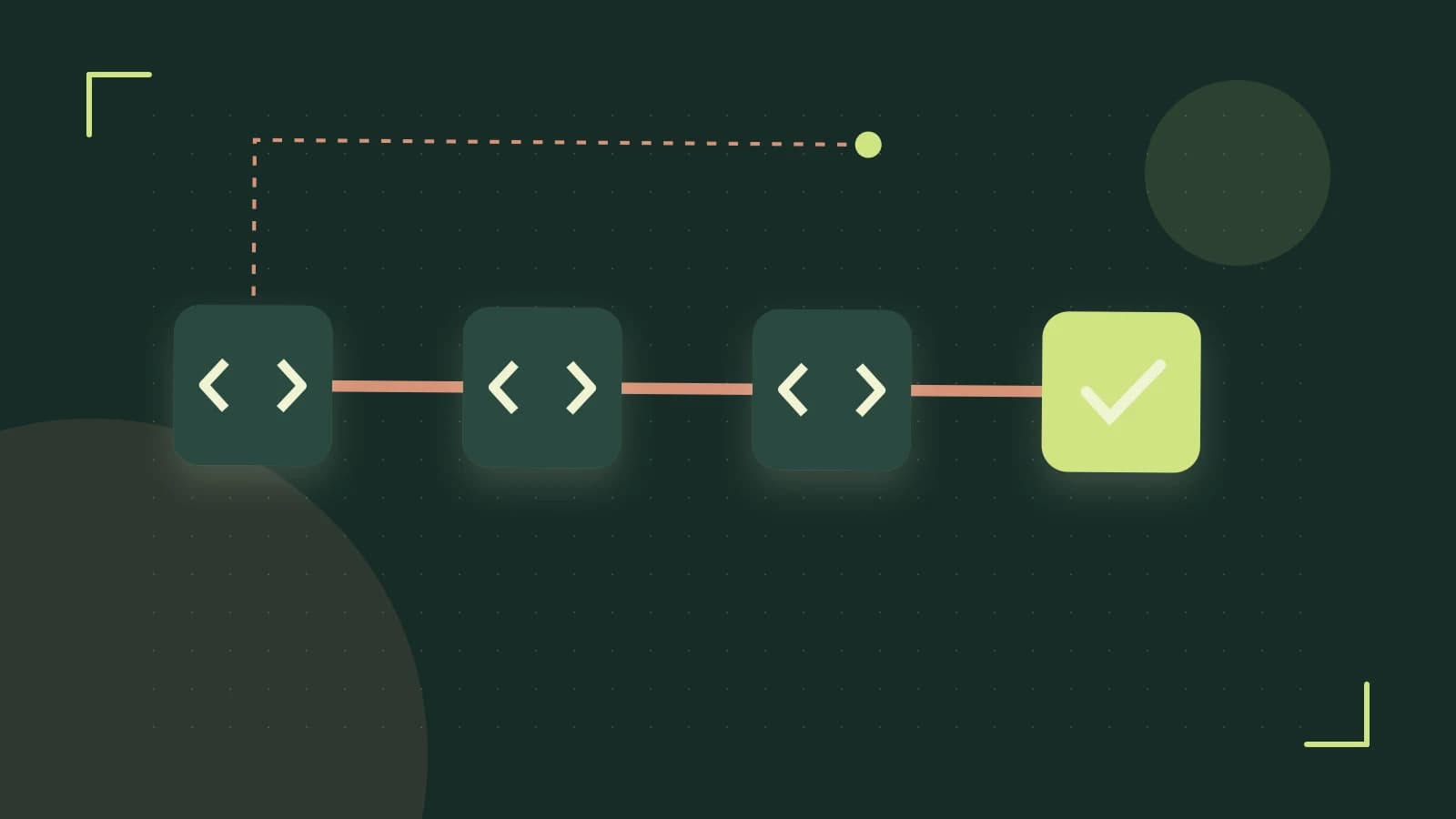 Editorial illustration of a branching build pipeline, staged transformations and a completed check