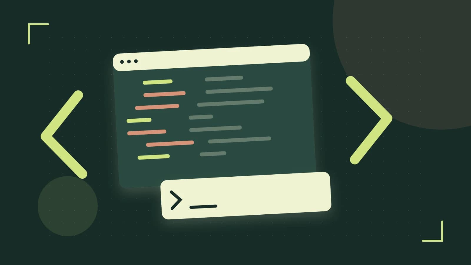 Editorial illustration of an abstract code editor, syntax blocks and oversized programming brackets