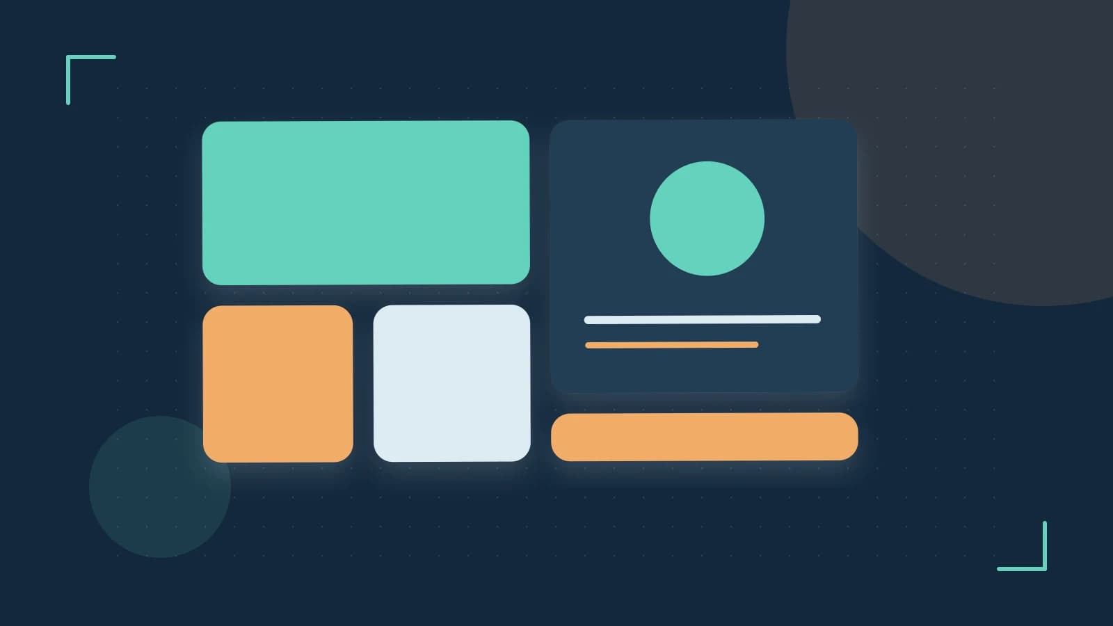 Editorial illustration of responsive browser layouts, overlapping design components and a color system