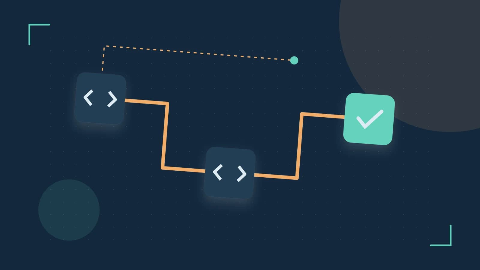 Editorial illustration of a branching build pipeline, staged transformations and a completed check