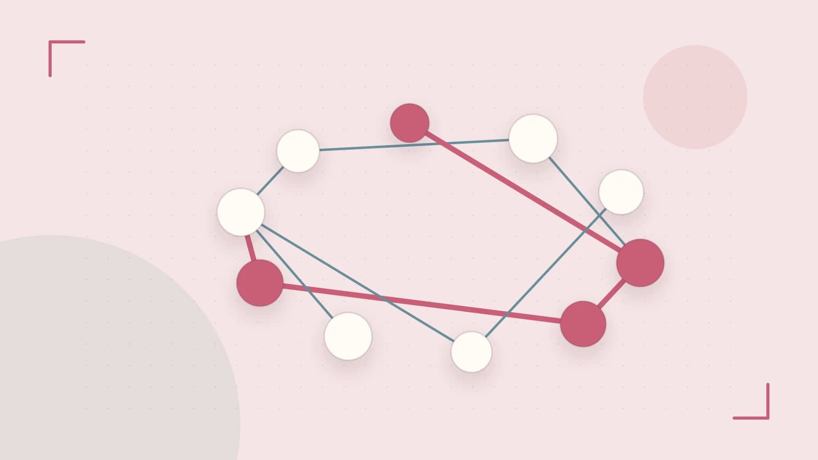 Editorial illustration of an algorithmic node graph with branching paths and a highlighted result