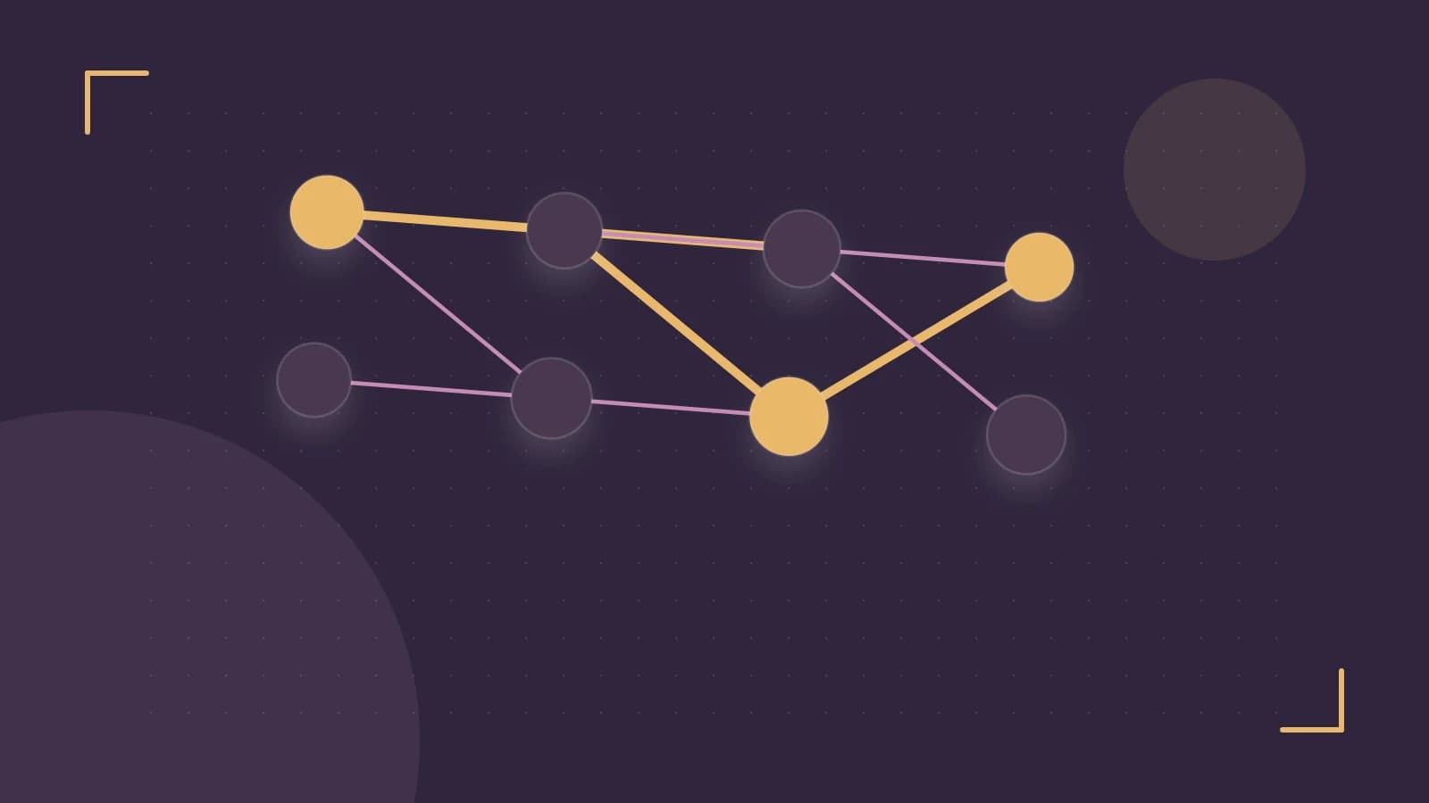 Editorial illustration of an algorithmic node graph with branching paths and a highlighted result