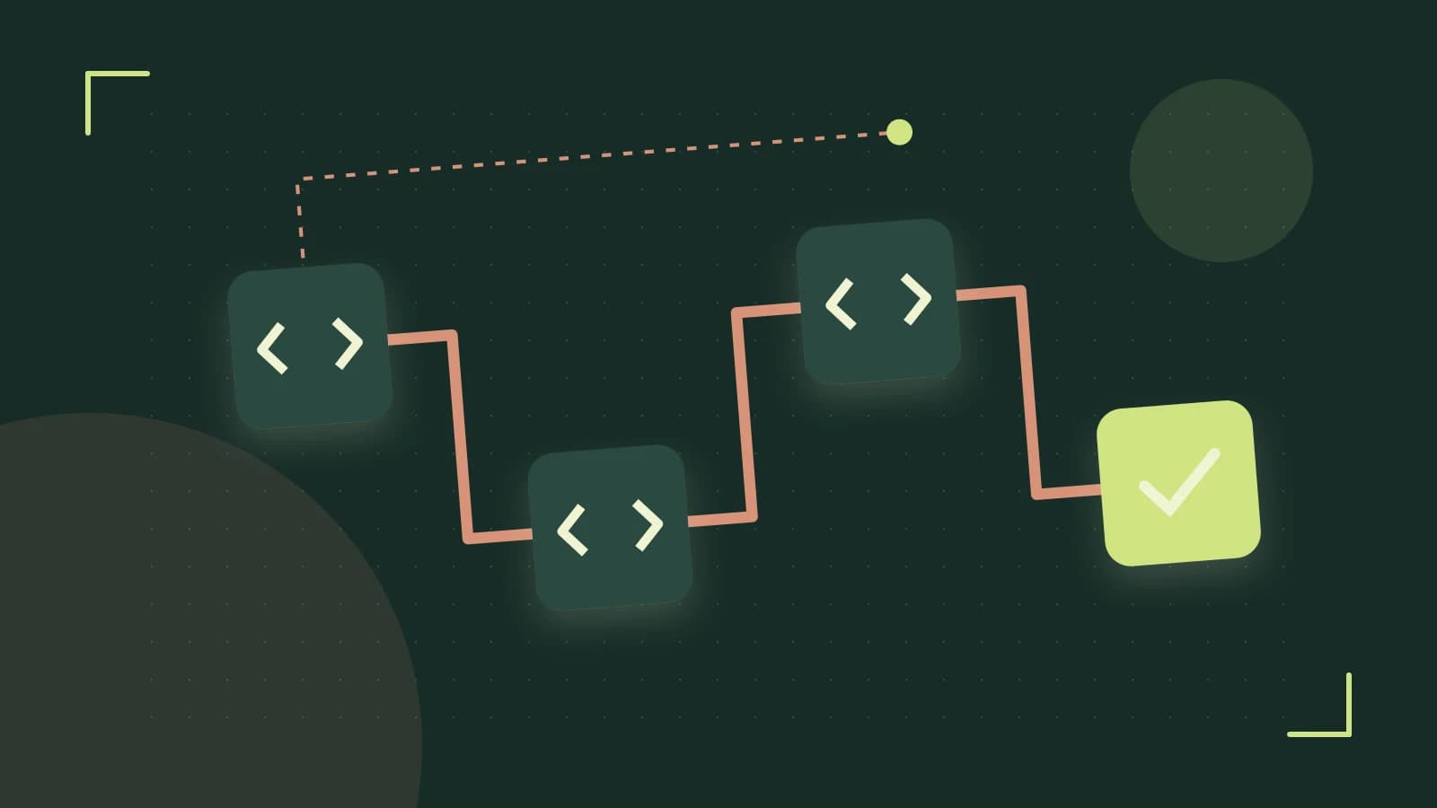 Editorial illustration of a branching build pipeline, staged transformations and a completed check