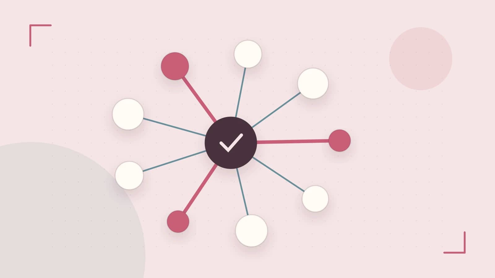 Editorial illustration of an algorithmic node graph with branching paths and a highlighted result