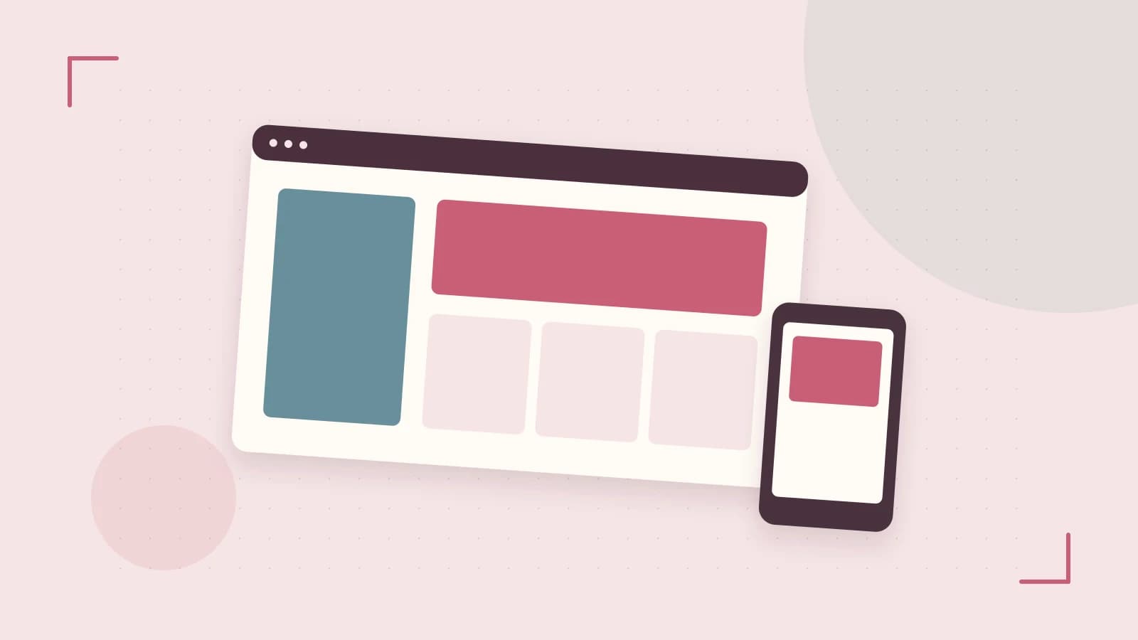 Editorial illustration of responsive browser layouts, overlapping design components and a color system