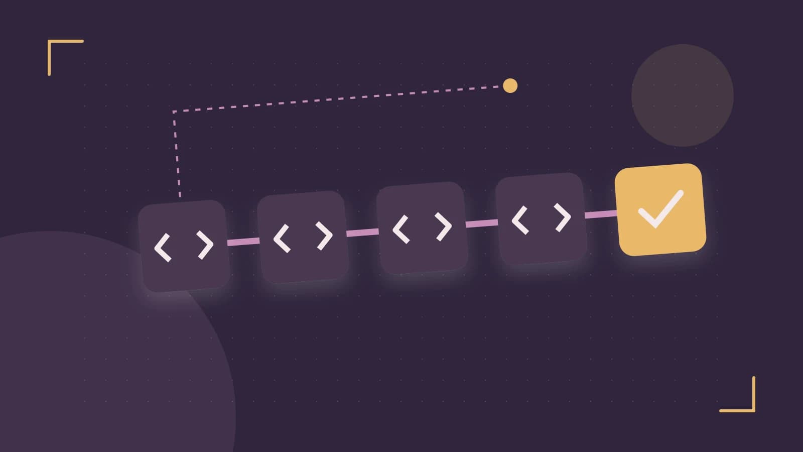 Editorial illustration of a branching build pipeline, staged transformations and a completed check