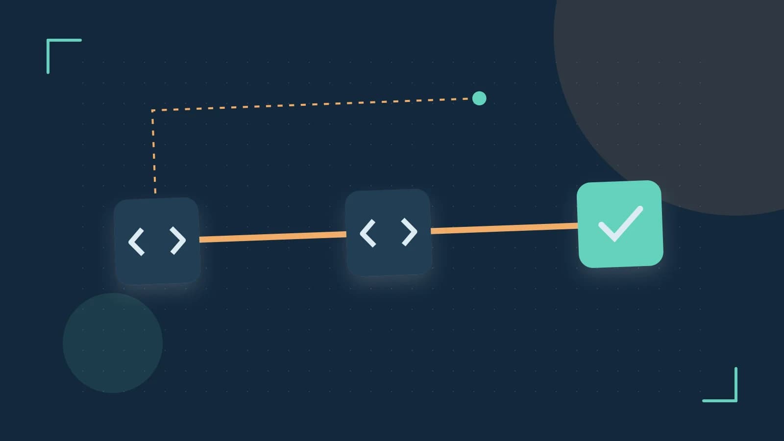 Editorial illustration of a branching build pipeline, staged transformations and a completed check