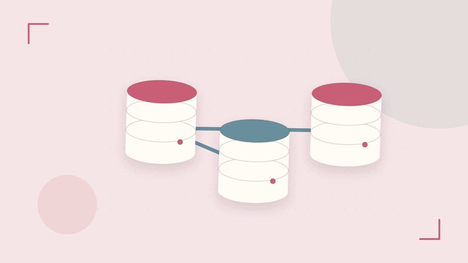 Editorial illustration of structured records, database cylinders and relationships between tables
