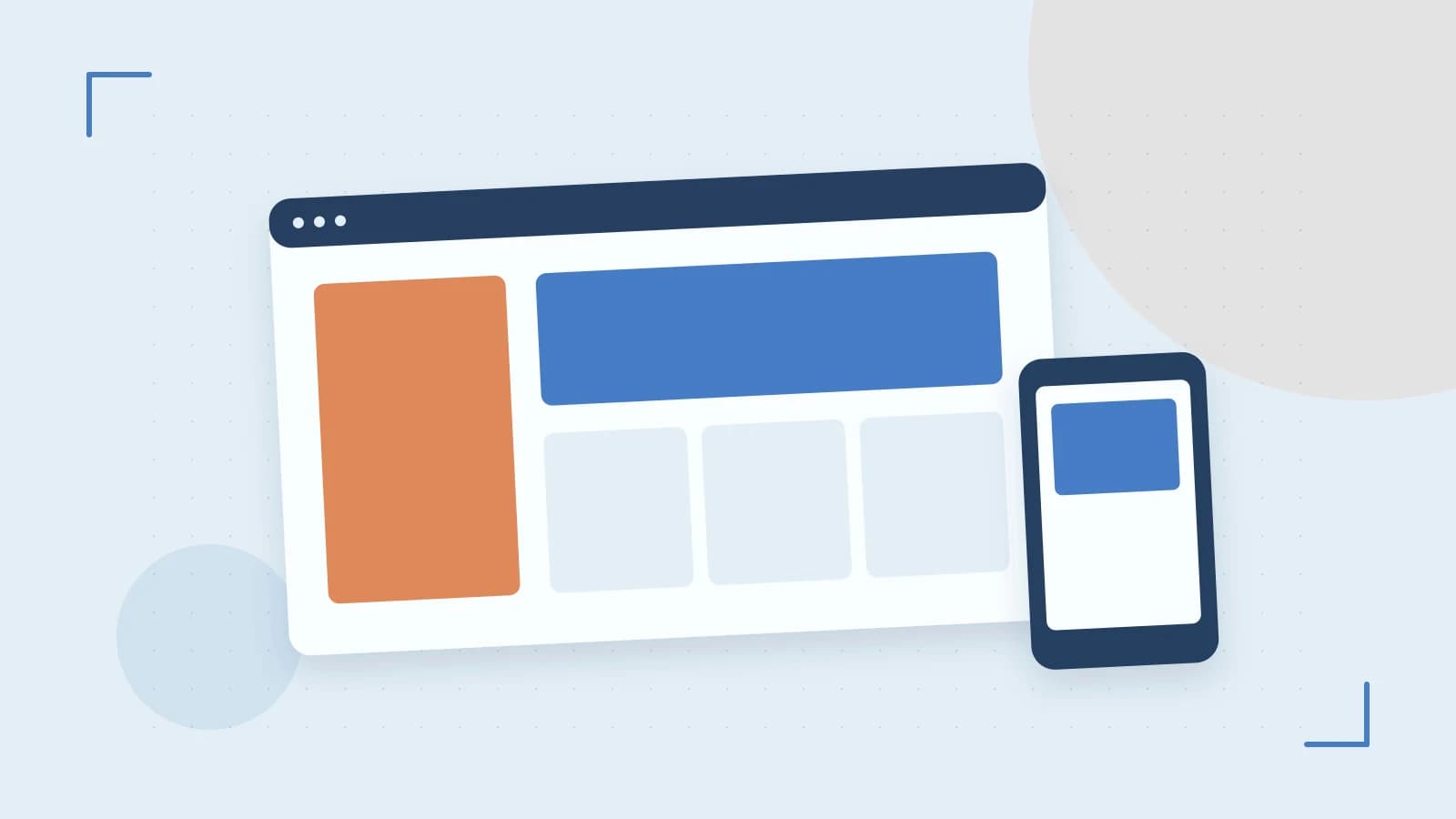 Editorial illustration of responsive browser layouts, overlapping design components and a color system