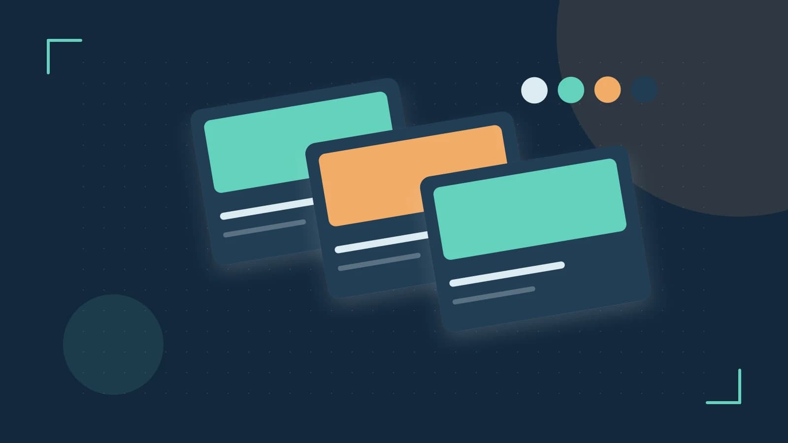 Editorial illustration of responsive browser layouts, overlapping design components and a color system
