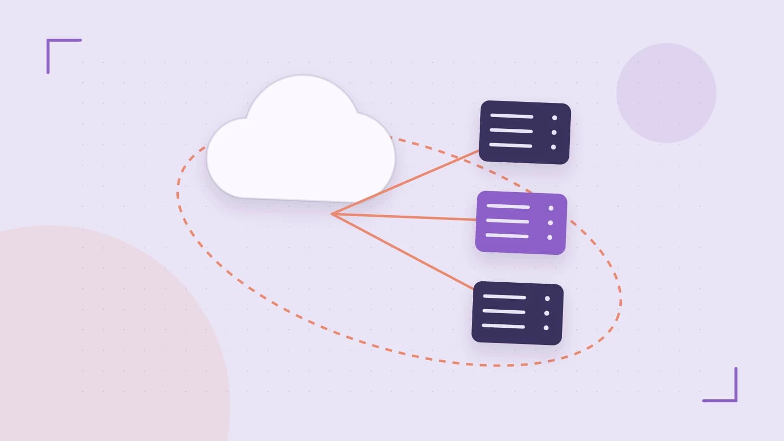 Editorial illustration of cloud infrastructure, connected server racks and an orbital service map