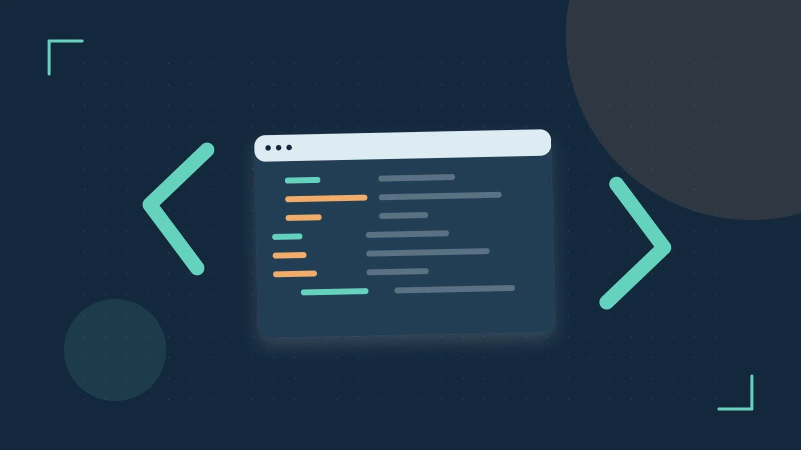 Editorial illustration of an abstract code editor, syntax blocks and oversized programming brackets