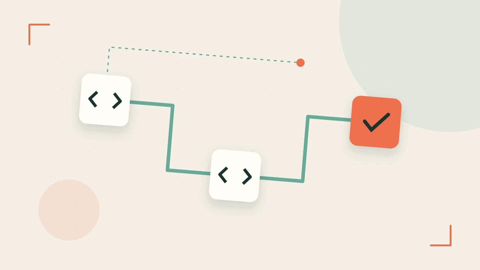 Editorial illustration of a branching build pipeline, staged transformations and a completed check