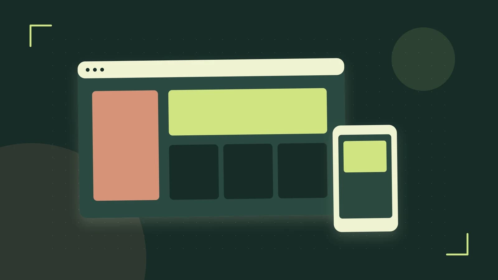 Editorial illustration of responsive browser layouts, overlapping design components and a color system