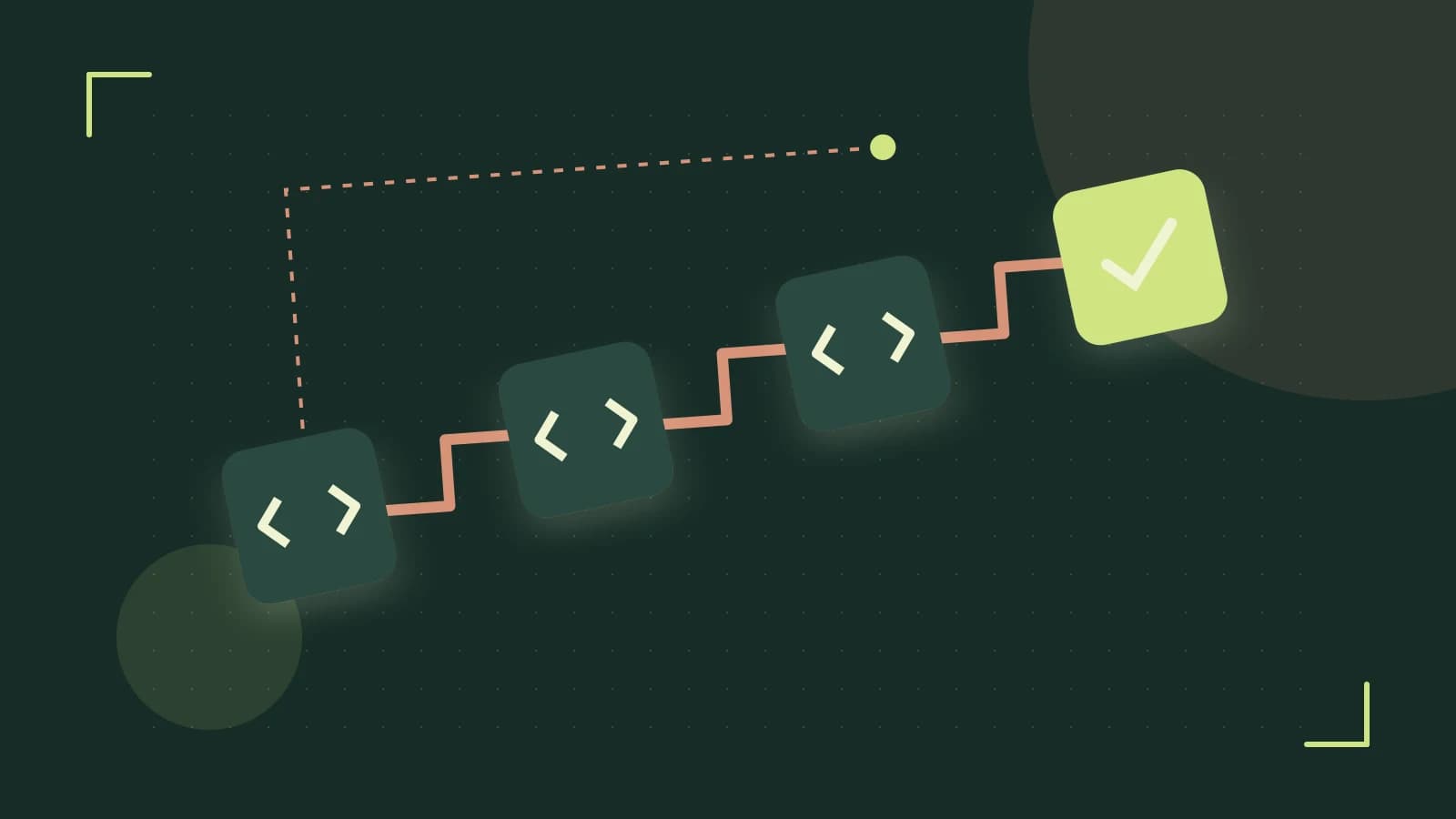 Editorial illustration of a branching build pipeline, staged transformations and a completed check