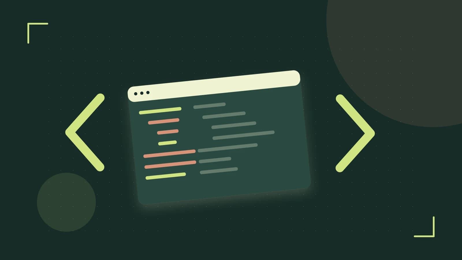 Editorial illustration of an abstract code editor, syntax blocks and oversized programming brackets