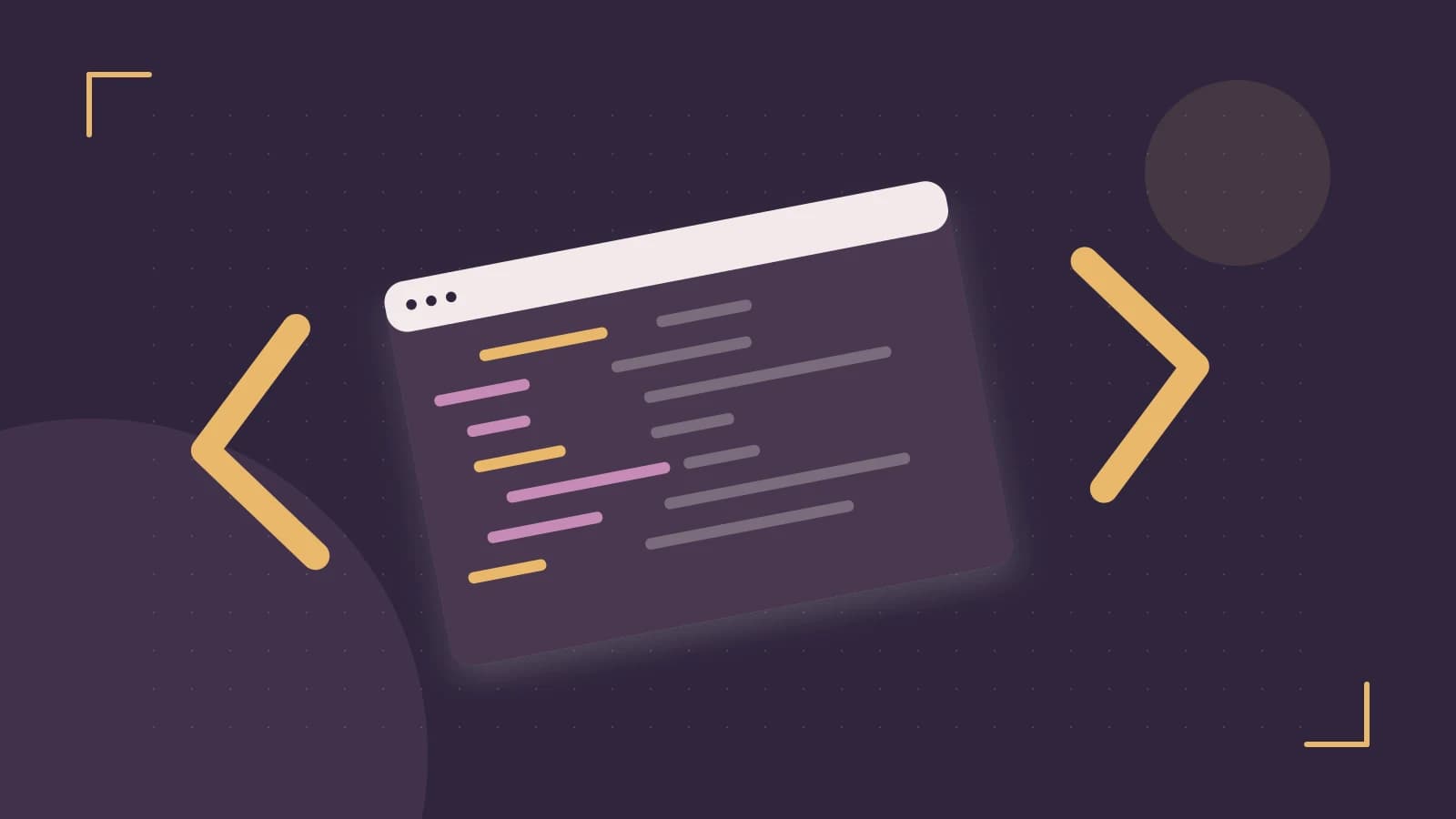 Editorial illustration of an abstract code editor, syntax blocks and oversized programming brackets