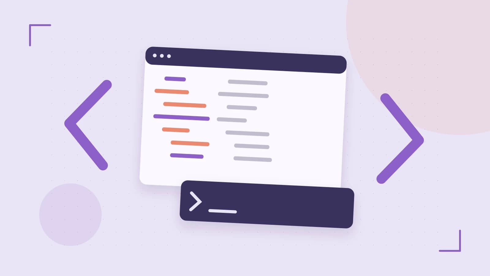 Editorial illustration of an abstract code editor, syntax blocks and oversized programming brackets