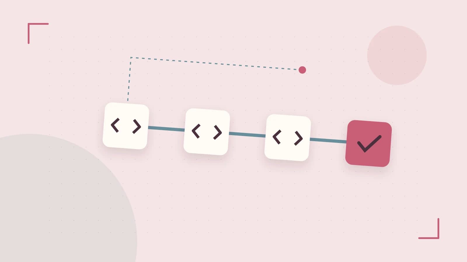 Editorial illustration of a branching build pipeline, staged transformations and a completed check
