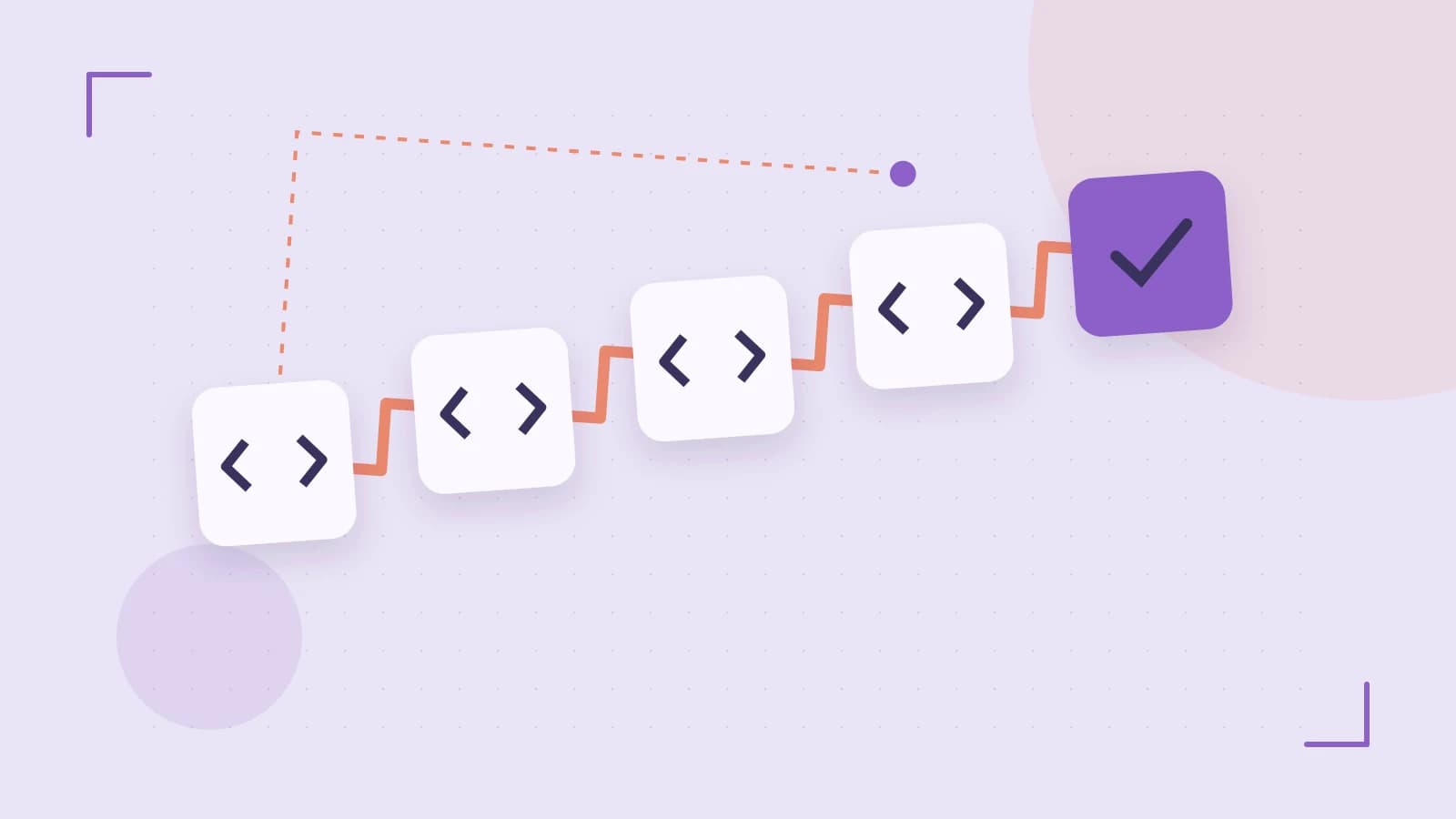 Editorial illustration of a branching build pipeline, staged transformations and a completed check