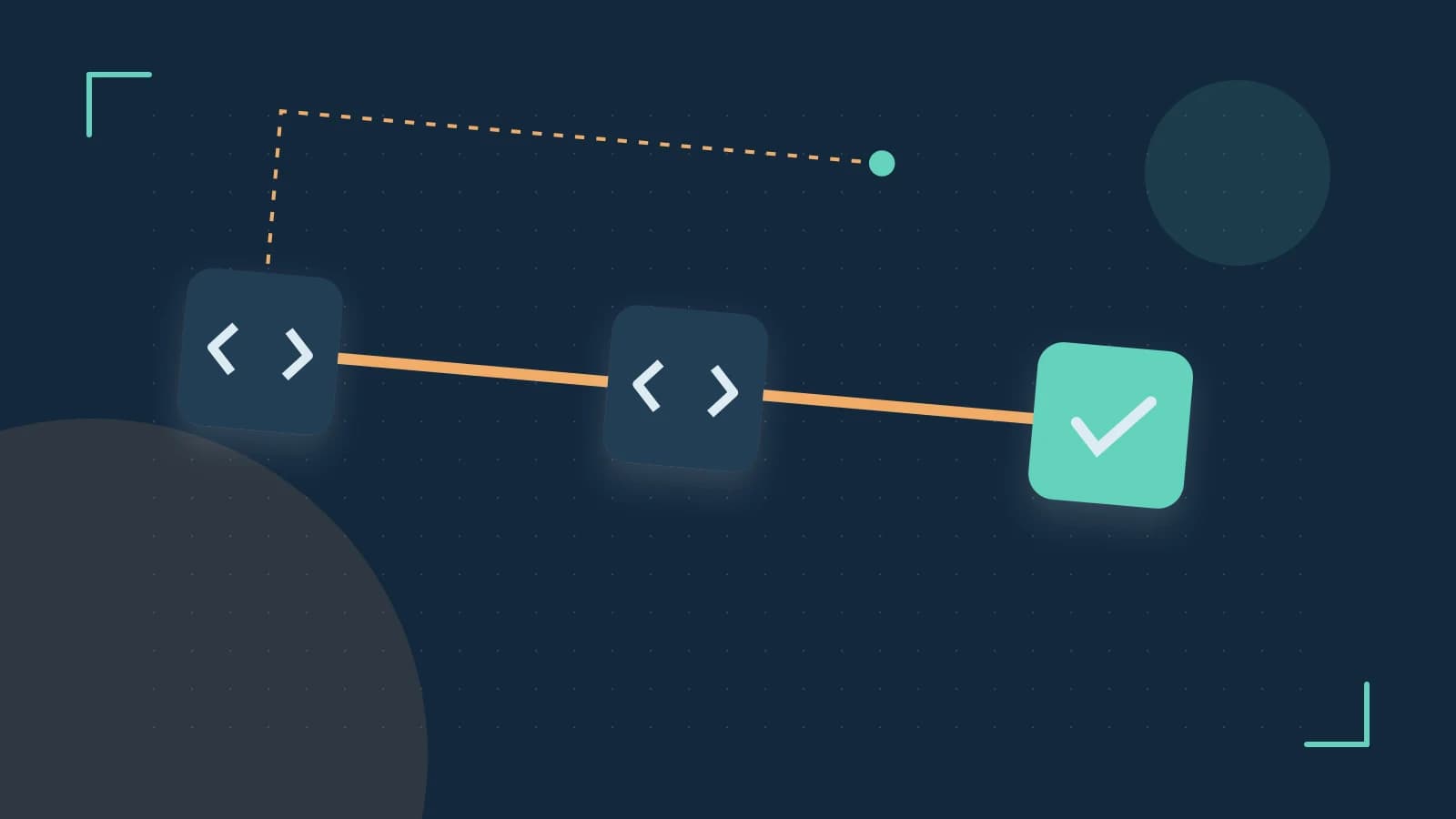 Editorial illustration of a branching build pipeline, staged transformations and a completed check