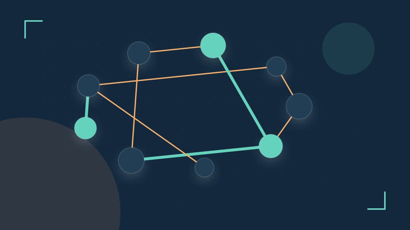 Editorial illustration of an algorithmic node graph with branching paths and a highlighted result