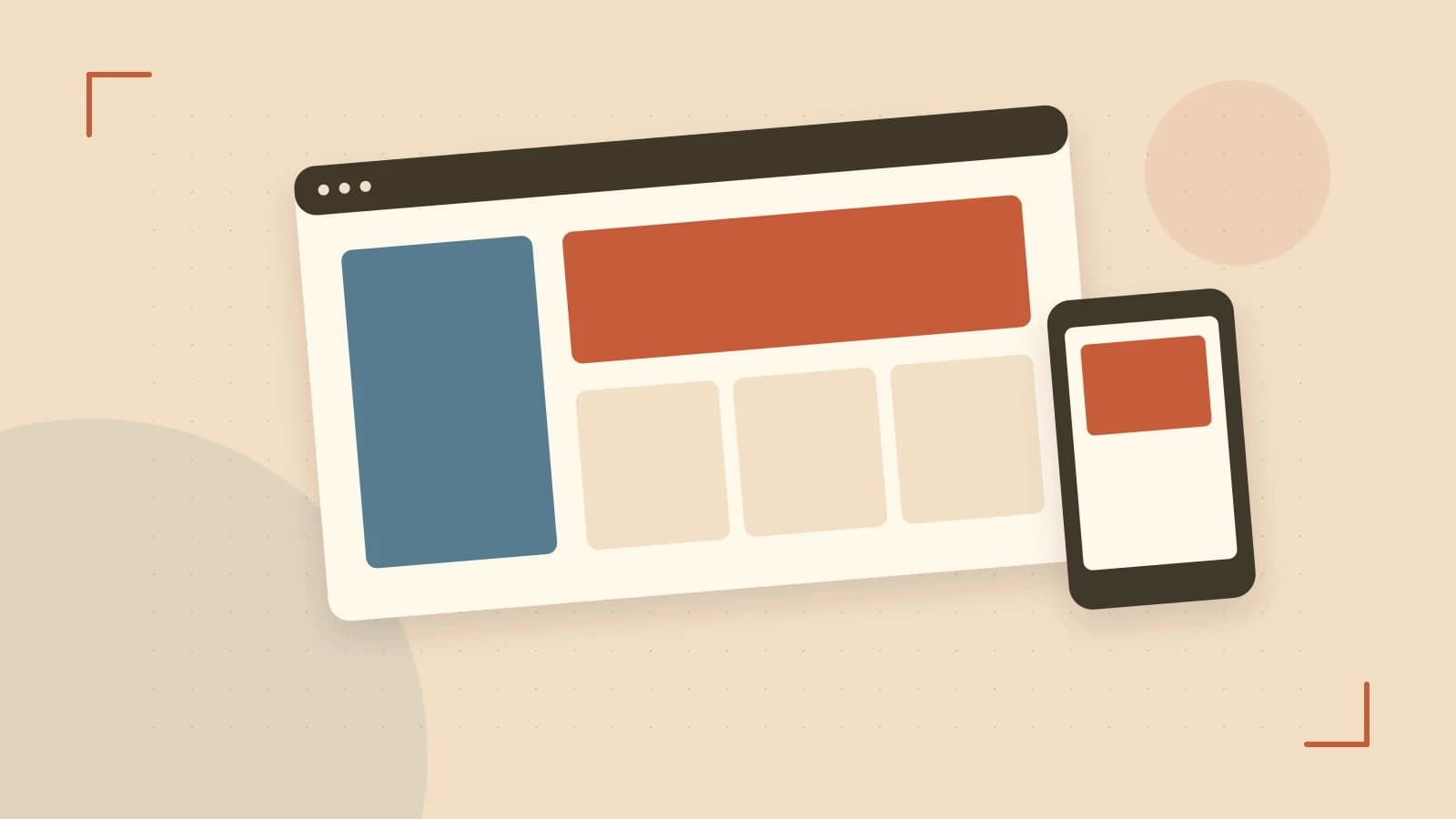 Editorial illustration of responsive browser layouts, overlapping design components and a color system