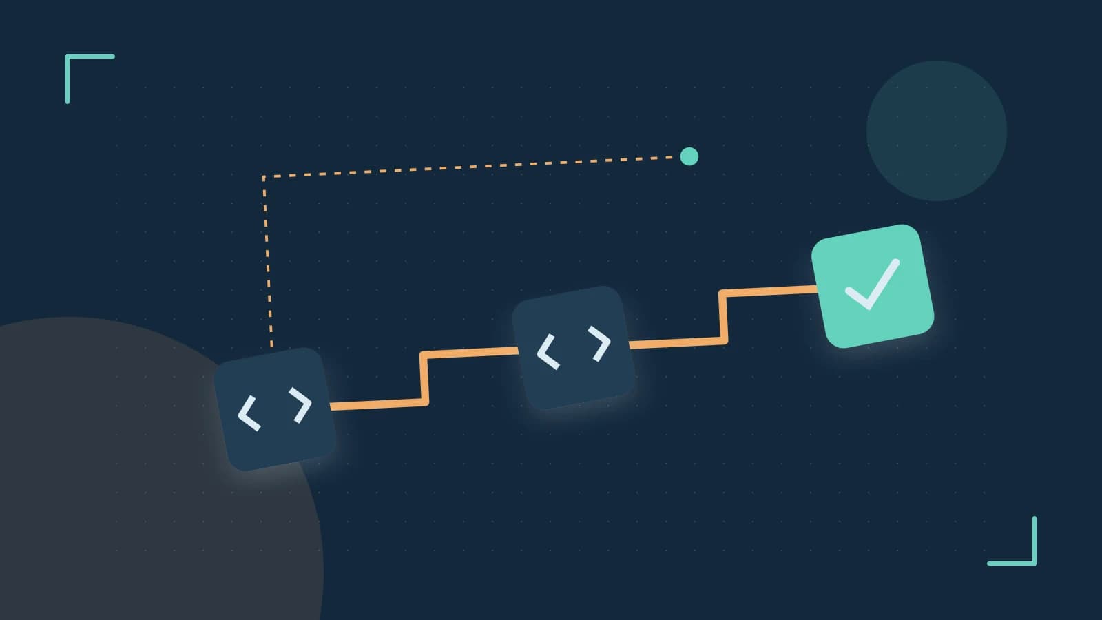 Editorial illustration of a branching build pipeline, staged transformations and a completed check