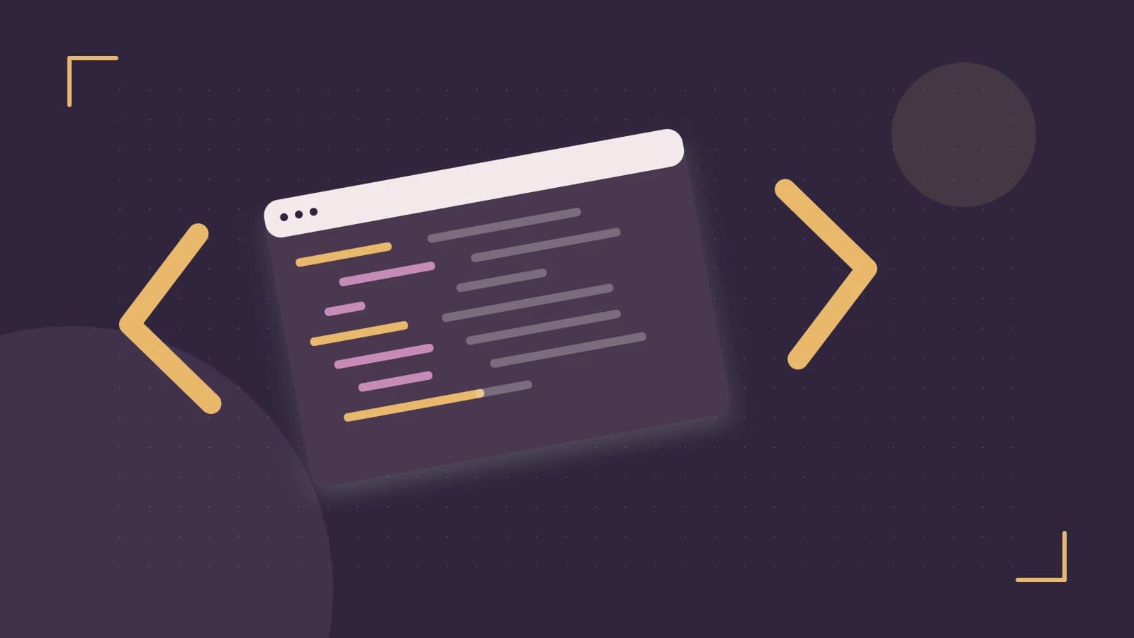 Editorial illustration of an abstract code editor, syntax blocks and oversized programming brackets