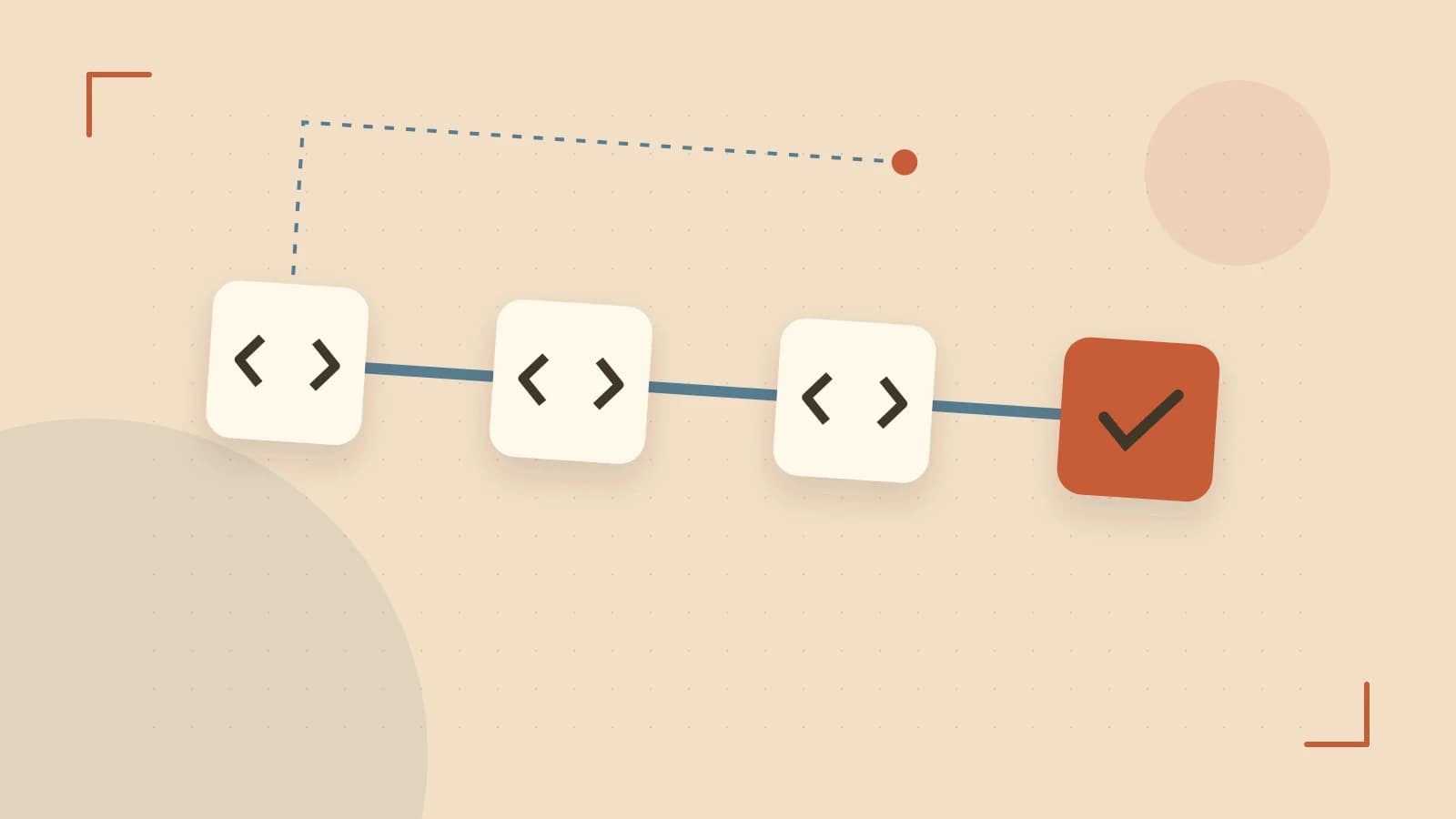 Editorial illustration of a branching build pipeline, staged transformations and a completed check