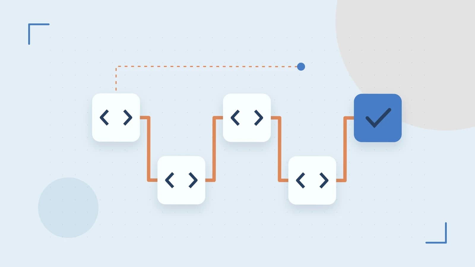 Editorial illustration of a branching build pipeline, staged transformations and a completed check