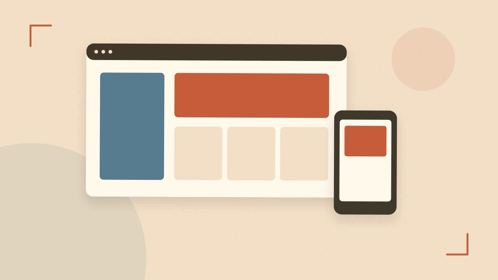 Editorial illustration of responsive browser layouts, overlapping design components and a color system