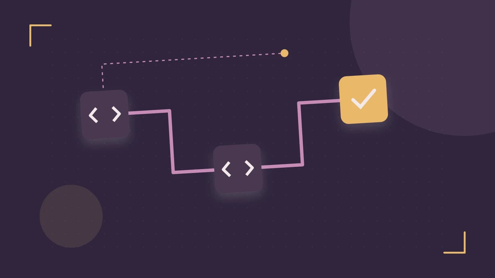 Editorial illustration of a branching build pipeline, staged transformations and a completed check