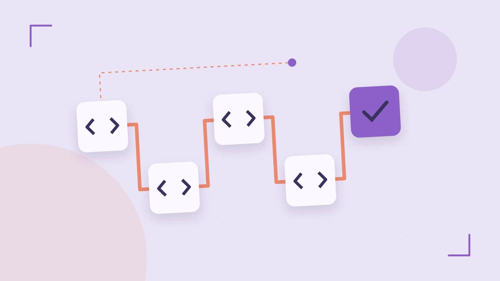 Editorial illustration of a branching build pipeline, staged transformations and a completed check