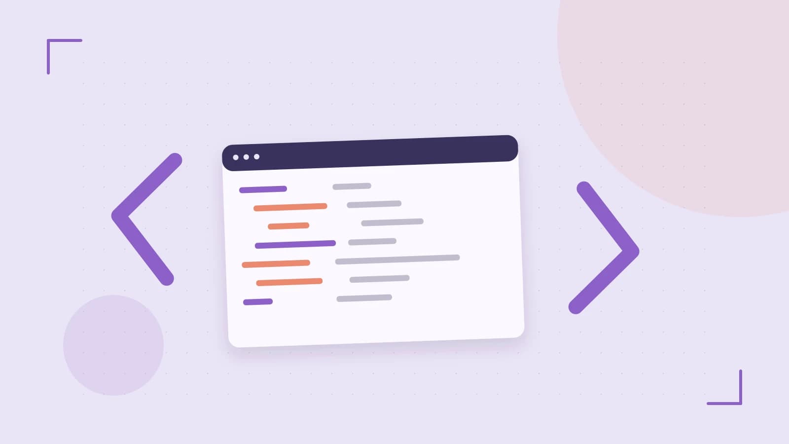 Editorial illustration of an abstract code editor, syntax blocks and oversized programming brackets