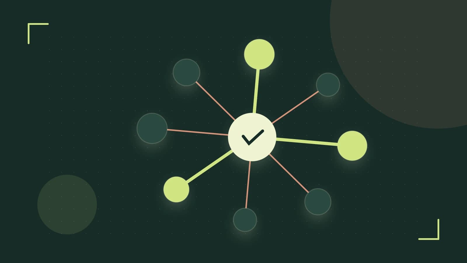Editorial illustration of an algorithmic node graph with branching paths and a highlighted result